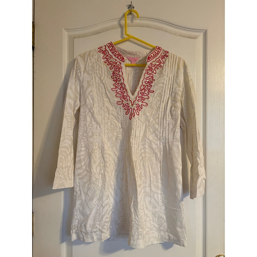 Lilly Pulitzer White Zebra Burnout Tunic Pink Coral Embroidery Sequin Top M